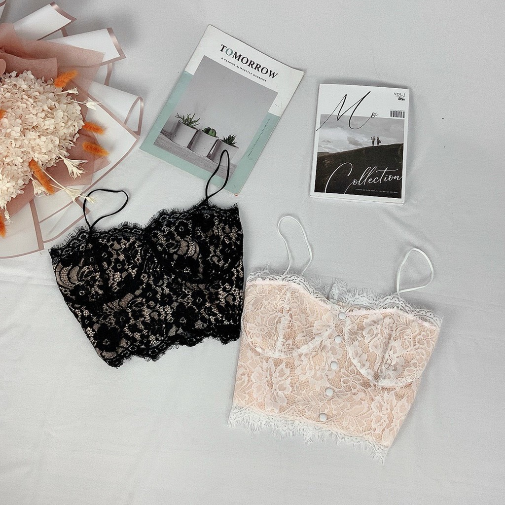 Áo 2 dây dáng bra croptop ren viền đính nút, sau dây kéo