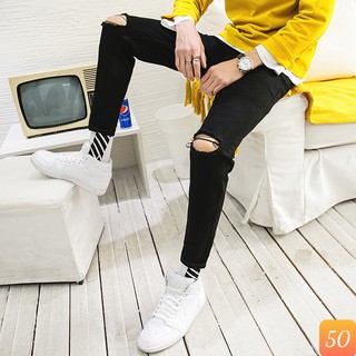 Quần jean nam đen trơn rách gối chất bò cao cấp co dãn 4 chiều cực đẹp 3D3 MẪU MỚI