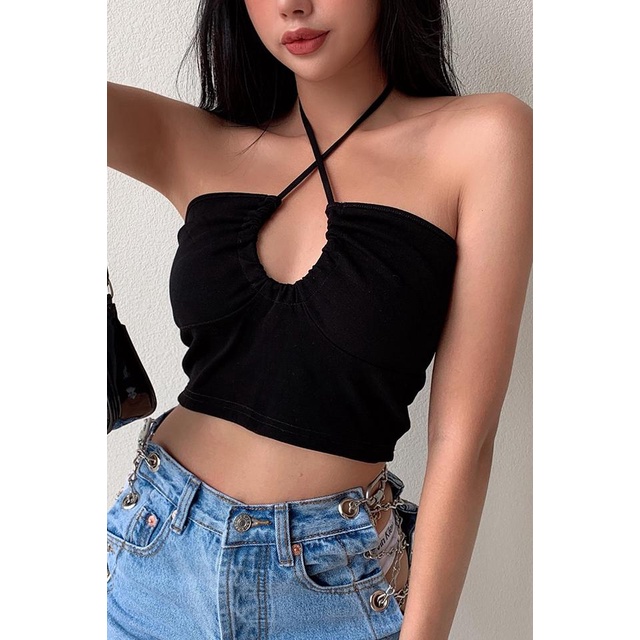 Áo Croptop Sát Nách Phối Dây Rút Thiết Kế Mới Thời Trang Mùa Hè Cho Phái Nữ