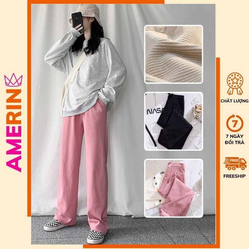 Quần ống rộng nữ lưng cao nhung tăm dáng dài ống suông bigsize AMERIN QD01