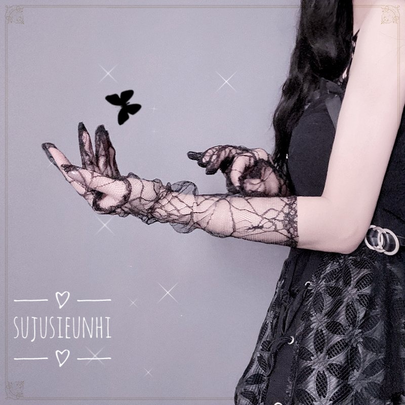 Găng tay voan lưới mỏng màu đen dạng dài tạo hình mạng nhện phong cách Gothic, Punk