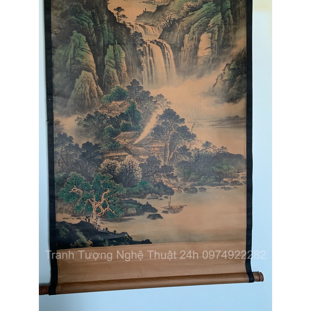 Tranh giả cổ PHÚ THỦY TRƯỜNG LƯU, Tranh giấy xuyến chỉ viền bo lụa size lớn 155 x 74cm