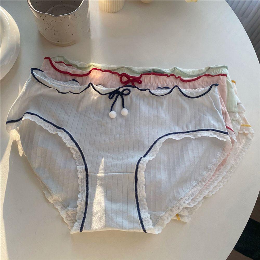 QQMALL Quần Lót Cotton Mềm Mại Đính Nơ Màu Trơn Dễ Thương Cho Nữ
