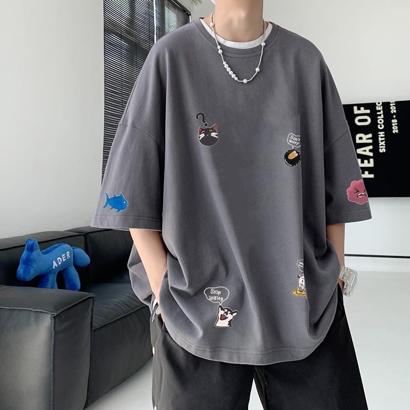 Áo Thun In Hình Ở Tay Chất Cotton Cao Cấp Form Rộng, Tay Lỡ Cho Nam Nữ Unisex, LOHA
