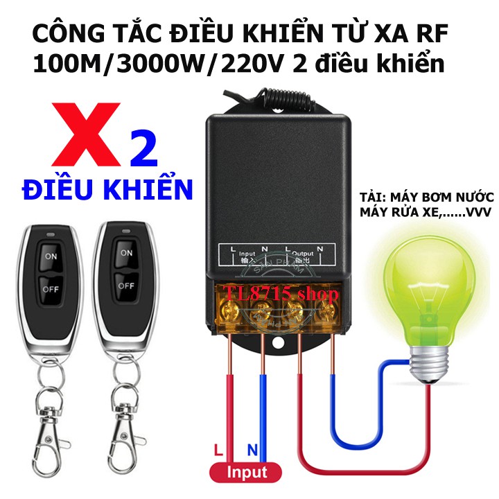 [MẪU MỚI 2 ĐIỀU KHIỂN] Bộ công tắc điều khiển từ xa 100m/3000W/220V cho máy bơm nước máy rửa xe và thiết bị điện công su