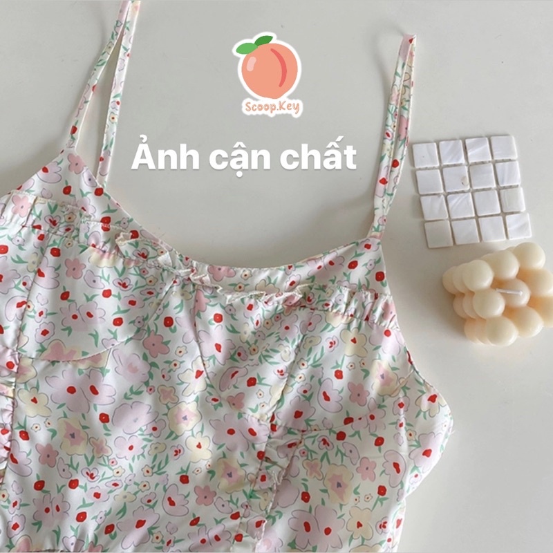 Set Áo Cổ Bẻ Tay Bồng Khoét Và Váy Hai Dây Hoa Nhí Dáng Xoè Thắt Nơ Xinh Xắn