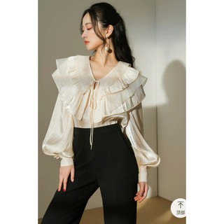 áo freesize somi kiểu cách điệu cổ bèo nhiều tầng dài tay công sở màu kem be đẹp xinh trẻ trung thiết kế chuẩn xịn