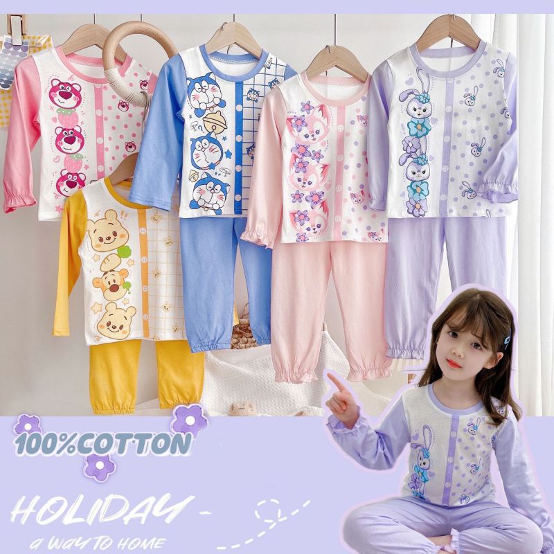 Bộ Đồ Ngủ Tay Dài Vải Cotton Họa Tiết Hoạt Hình Dễ Thương Cho Bé