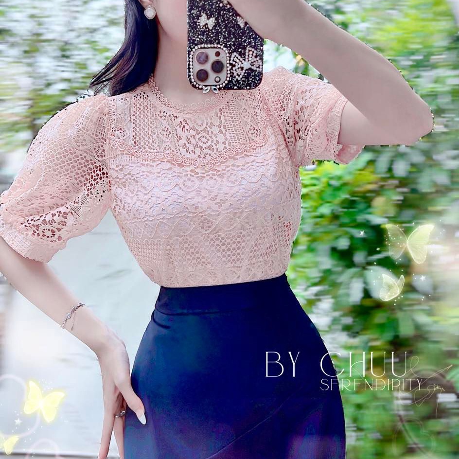 Áo sơ mi trắng kiểu vải ren tay phồng xinh xắn CHUU A8153