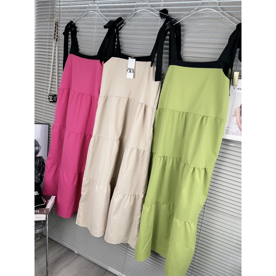Váy 2 dây maxi dáng dài xòe tầng nơ vai  TH401