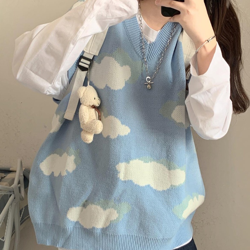 Xiangbao Áo Sweater Dệt Kim Tay Dài Dáng Rộng In Hình Đám Mây Phong Cách Harajuku Cho Nữ Thanh Thiếu Niên