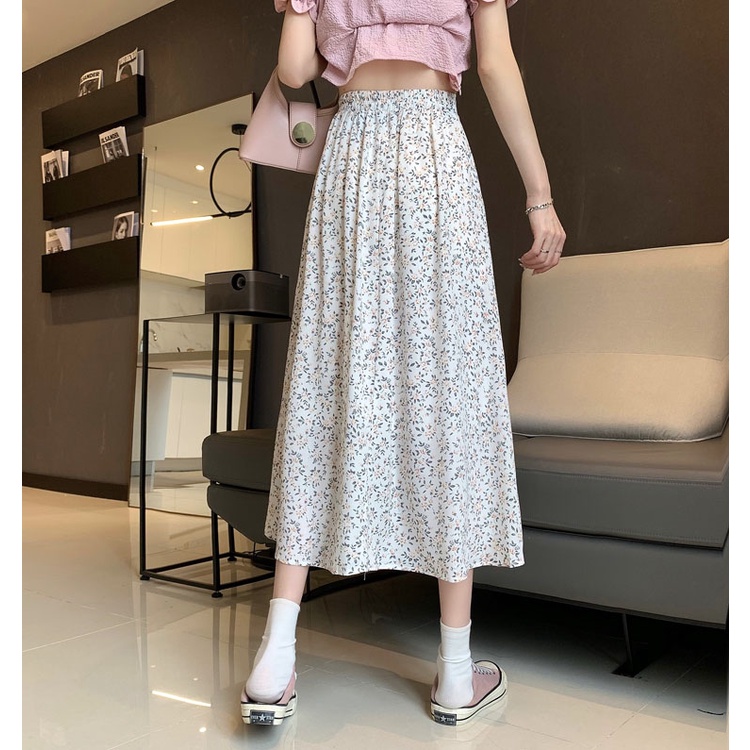 SUXI Chân Váy Midi Lưng Cao Dáng Chữ A Hoạ Tiết Hoa Thiết Kế Đơn Giản Thanh Lịch