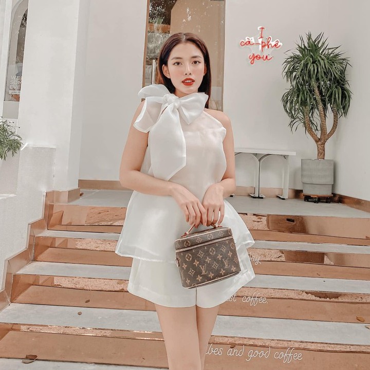 Áo kiểu nơ cổ dáng xòe trẻ trung vải Organza