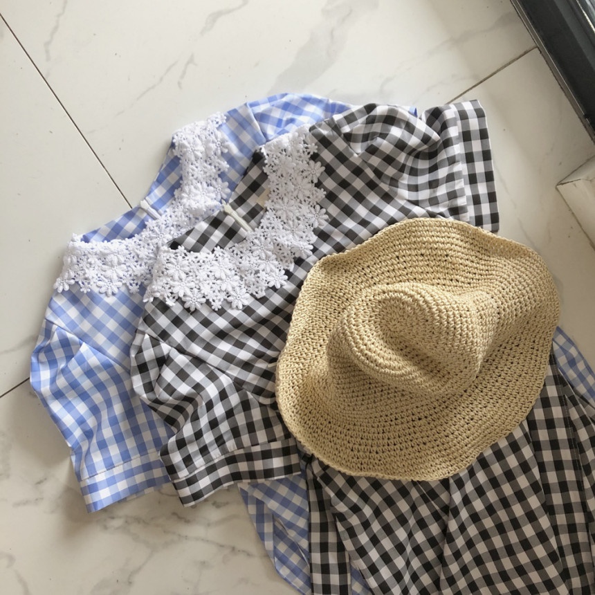 [ORDER] Đầm Caro Cổ Ren - Váy Tiểu Thư Thiết Kế Dáng Dài Thắt Eo Phù Hợp Đi Chơi Dự Tiệc Cưới Xanh Trắng VD107
