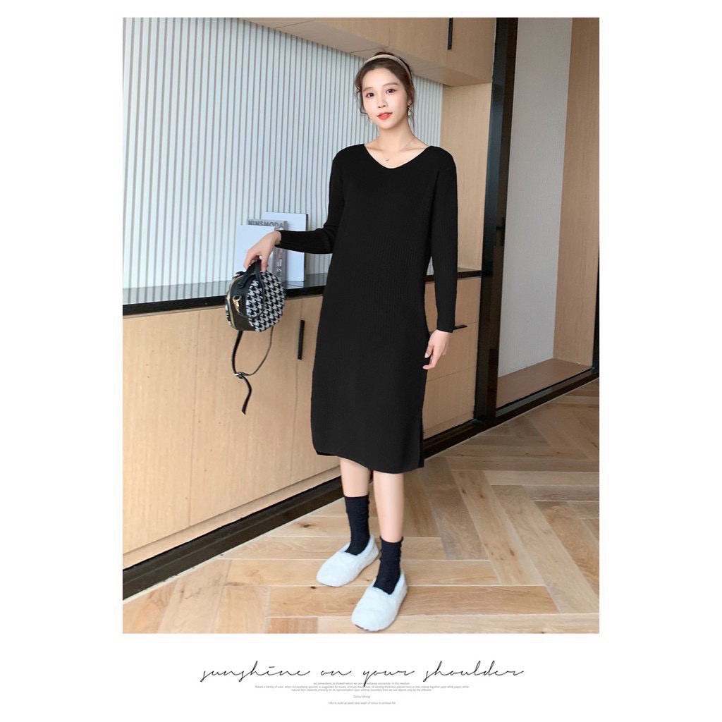 Váy bầu cổ tim dài tay dáng rộng vải len tăm