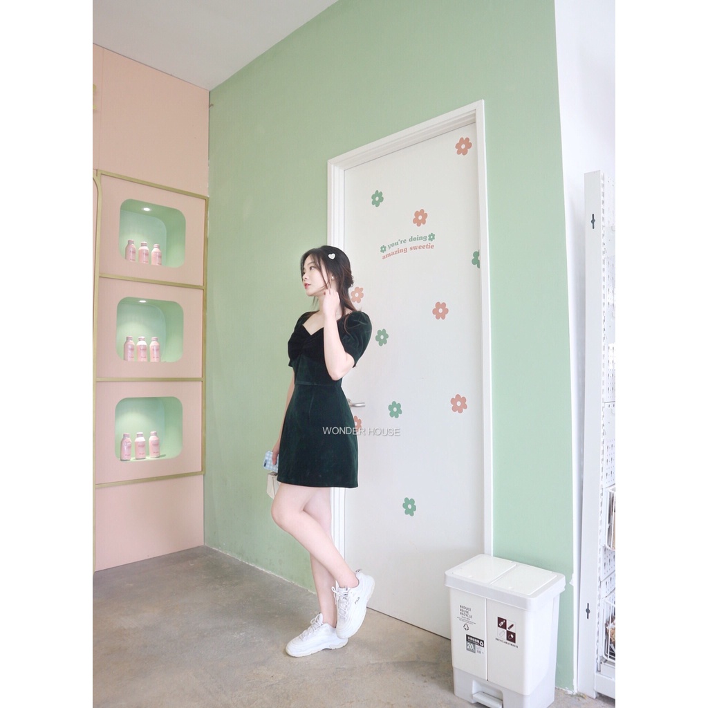 Đầm thiết kế WONDERHOUSE cổ vuông nhún ngực dự tiệc, dạo phố chất liệu nhung cao cấp sang chảnh - Spring dress