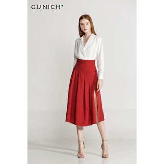Chân váy midi đỏ gạch xếp ly Gunich