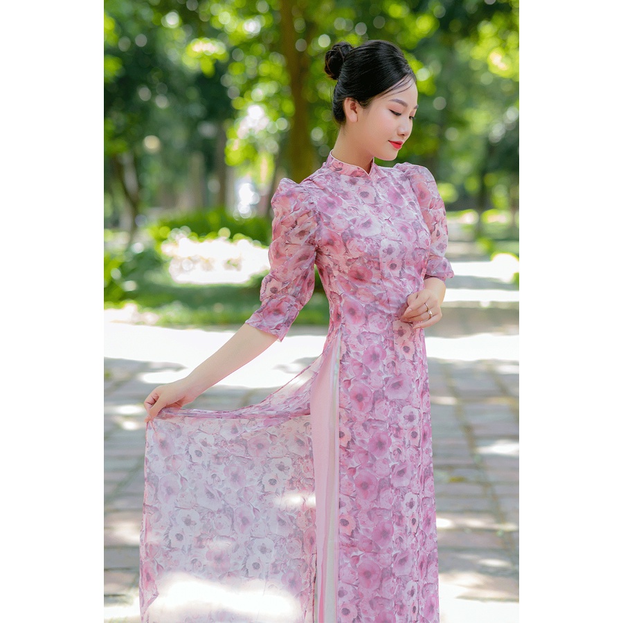 Áo dài cách tân voan hoa nhí cao cấp ELY màu hồng voan in nhật chuẩn dáng ELVI08