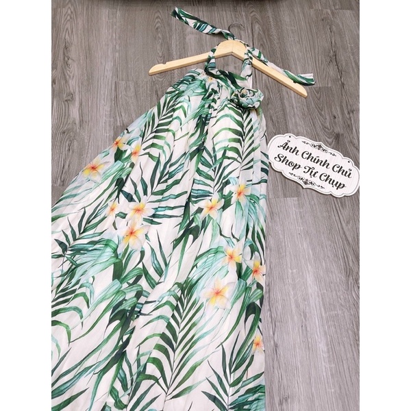 G11- đầm maxi dập ly xanh hoa cổ, cổ yếm, chất voan