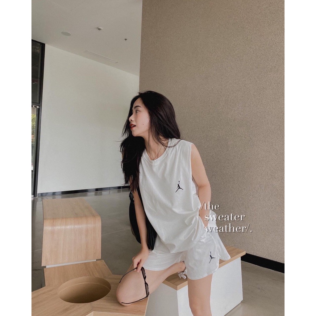 Bộ Jor Thể Thao Sát Nách Áo TankTop Quần Sooc Cạp Chun - Set Đồ Áo Quần Short Thêu Họa Tiết 3 Màu Xanh Trắng Đen