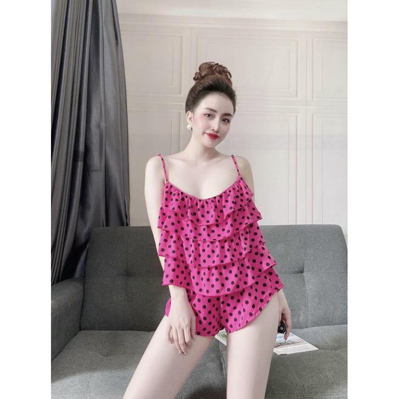 Đồ Ngủ Lụa Satin , Đồ Bộ Nữ Đồ Mặc Nhà 2 Dây Tầng Quần Cọc Chất Lụa Họa Tiết Chấm Bi Dễ Thương Xinh Xắn. | BigBuy360 - bigbuy360.vn