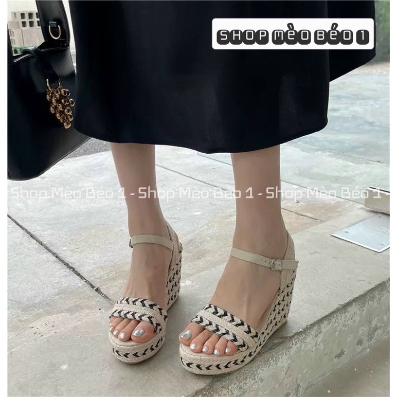 Sandal quai ngang đế xuồng cói thổ cẩm vân đen pha fullbox hàng quảng châu cao cấp