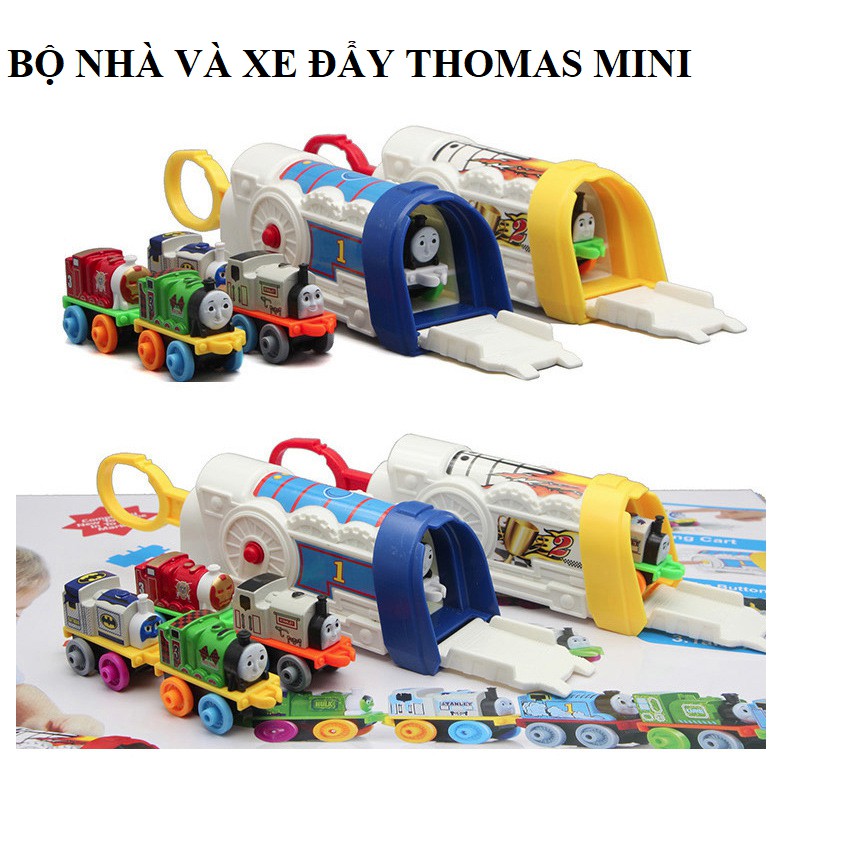 Bộ 4 xe ô hình tàu hỏa thomas mini bằng sắt và nhà đẩy đồ chơi trẻ em