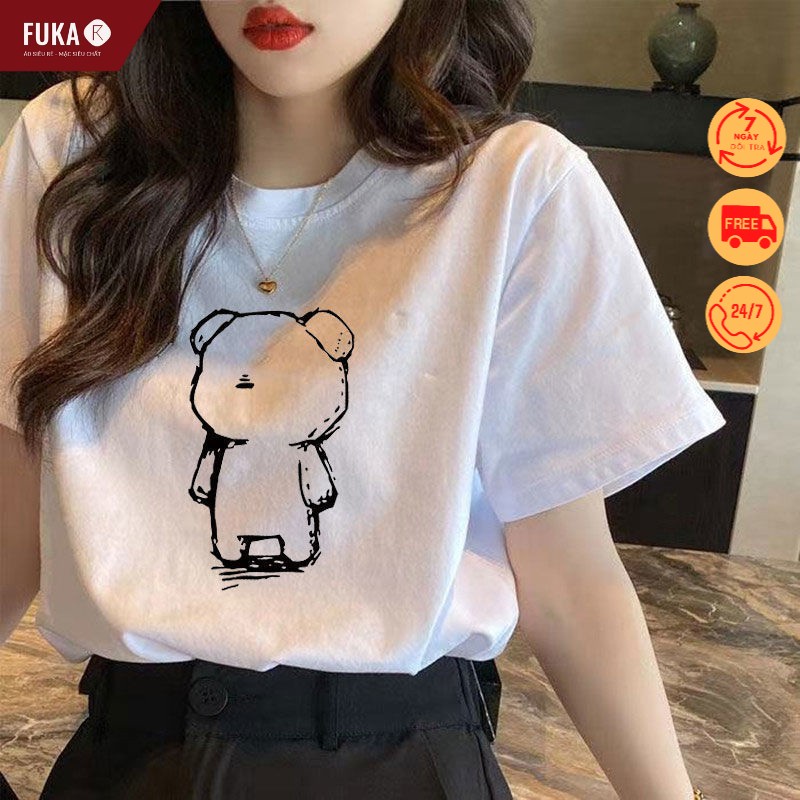 Áo thun nữ FUKA - Áo phông nữ trắng chất cotton mát mịn cổ tròn hình dễ thương