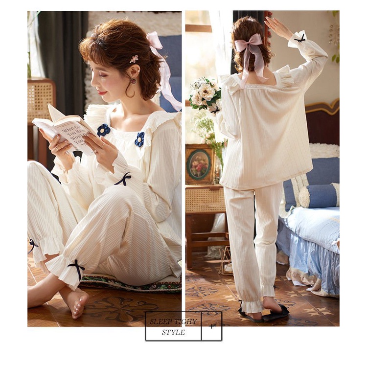 Bộ Đồ Ngủ Tay Dài Chất Cotton Phong Cách Công Chúa Dễ Thương Thời Trang Thu Đông Cho Nữ