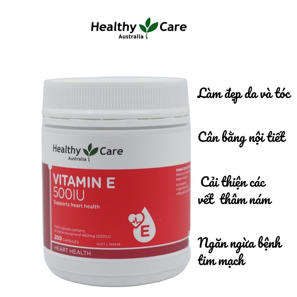 Vitamin E Đỏ Healthy Care Viên Uống Trắng Da Mờ Nám 500IU 200 viên