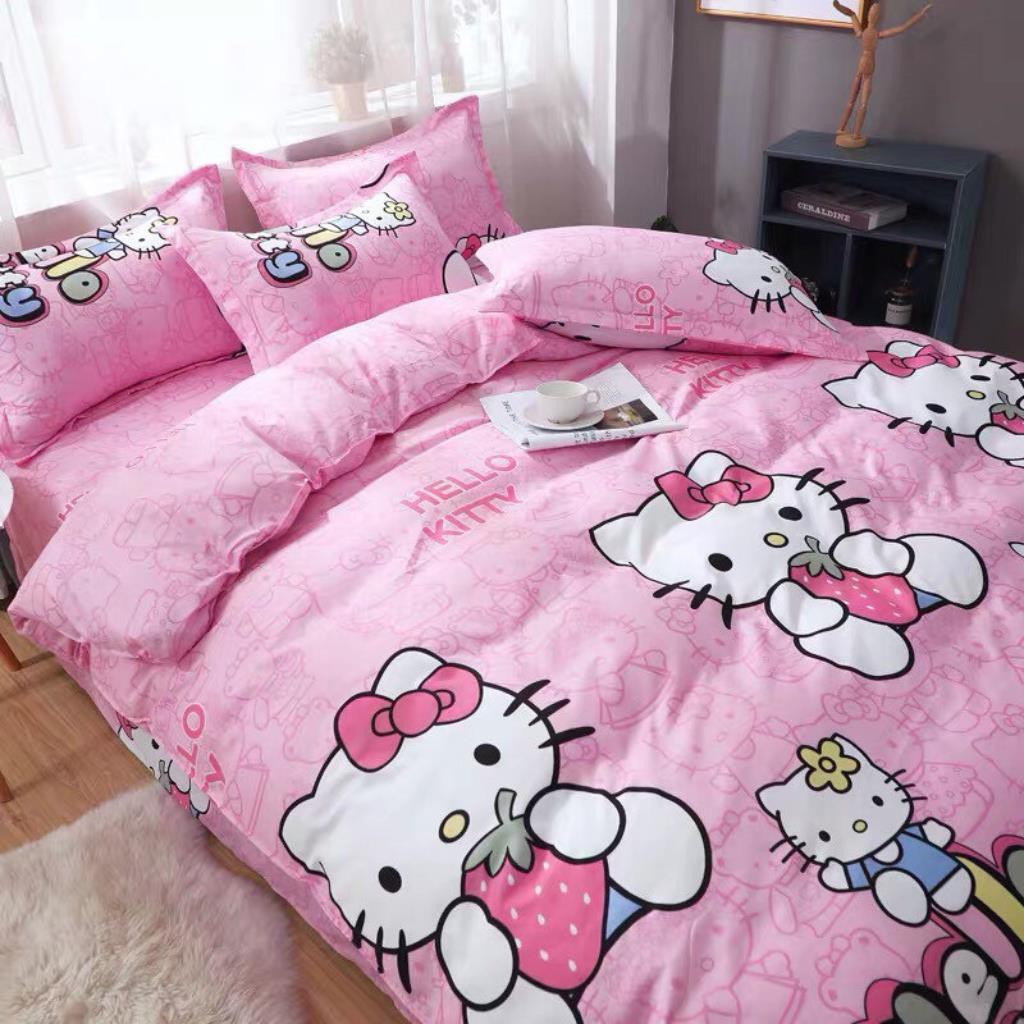 Bộ chăn ga gối drap giường chất cotton poly họa tiết hello kitty hồng
