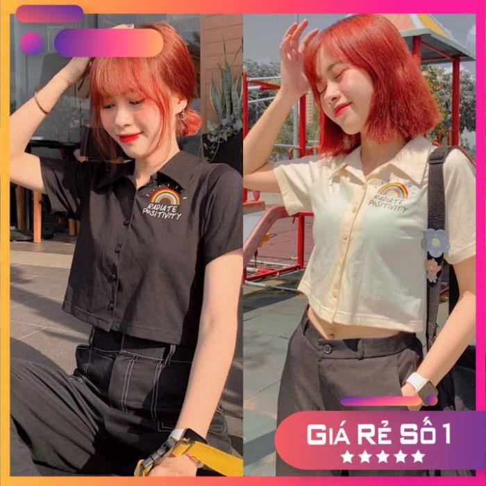 [RẺ VÔ ĐỊCH] Áo Polo Croptop Nữ Ngắn Tay - Áo Croptop Phối Nút Thêu Cầu Vồng Ulzzang