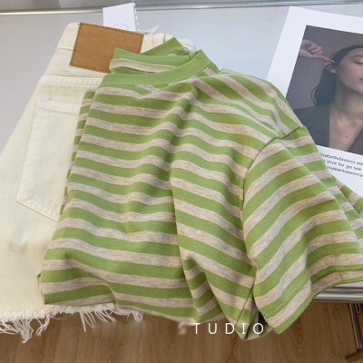 Áo Thun Cotton Tay Ngắn / Dài Họa Tiết Kẻ Sọc Phong Cách Mới 50409