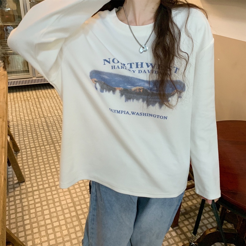 Áo thun tay dài cổ tròn dáng rộng in họa tiết kiểu retro thời trang