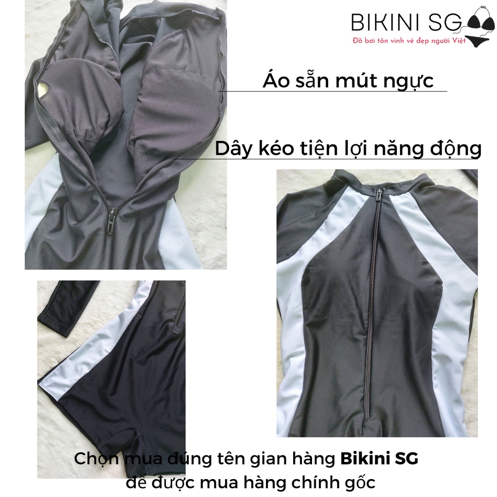 Đồ bơi nữ kín đáo dây khoé kéo quần 1 mảnh liền thân màu đen phối trắng đi bơi đi biển tiện lợi che nắng Bikini SG