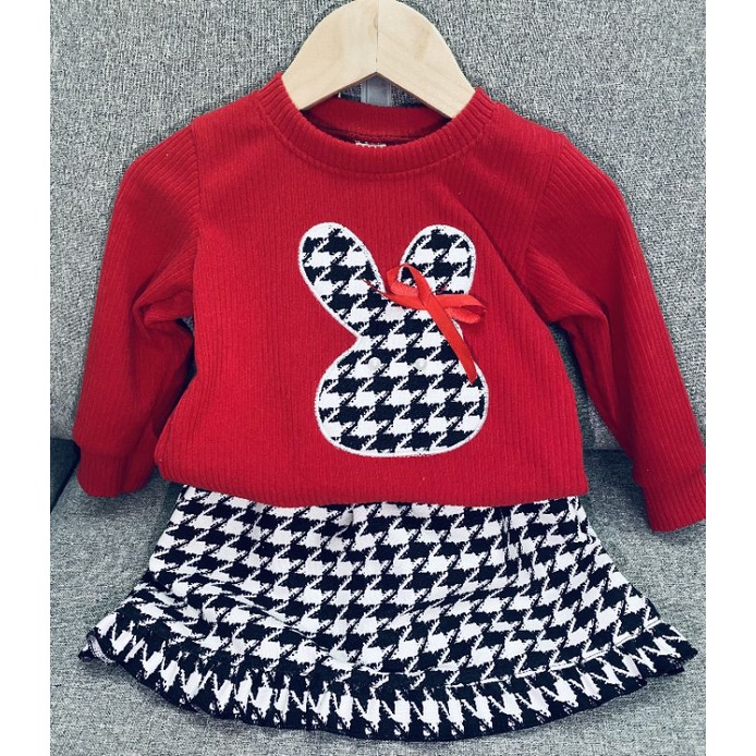 Set áo thêu thỏ màu đỏ kèm chân váy dạ siêu xinh cho bé 1-5 Tuổi
