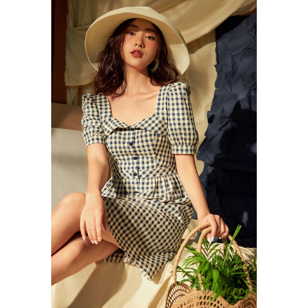 Đầm gingham đen trắng cúp ngực cổ vuông 1VA2017 ADORE DRESS