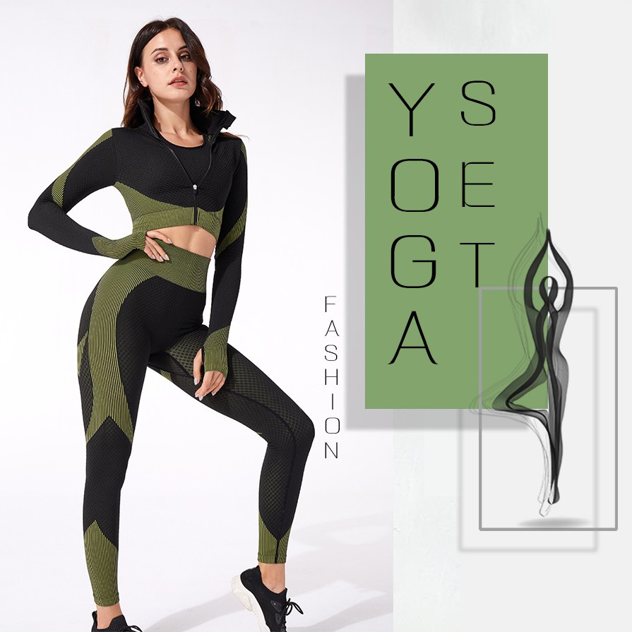 Bộ đồ tập thể thao 2 món gồm áo tay dài phối quần legging không đường may thoải mái cho nữ
