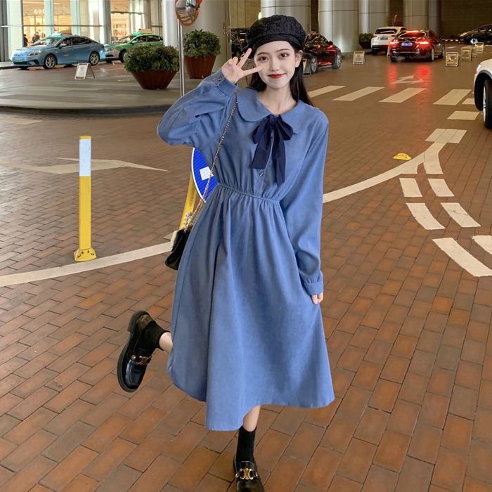 Đầm Midi Tay Dài Cổ Búp Bê Thắt Dây Eo Phong Cách Hàn Quốc Ngọt Ngào Cho Nữ