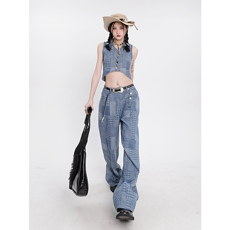 Set Áo Quần Denim Ống Rộng Thời Trang Mùa Hè 2022 Cho Nữ