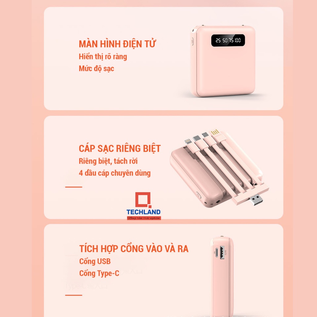 [BH 12 tháng] MÀU TRẮNG-Sạc dự phòng kèm cáp  10000mAh-sạc nhanh 2.1A, caps 4in1,  Hàng Chính Hãng