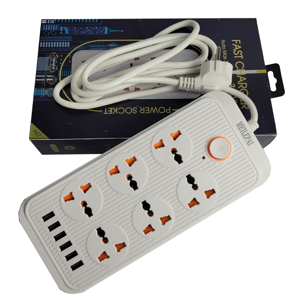 Ổ Cắm Điện Đa Năng 6 Cổng USB, Sạc Nhanh 5V-3A, Ổ Điện Chịu Tải 3000W, Tích Hợp Rơ Le Tự Ngắt, Dây Nối Dài 2.1M