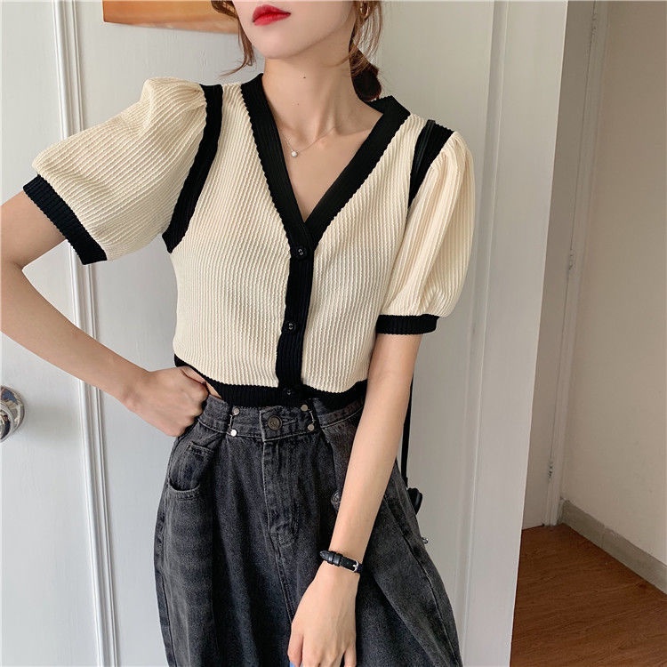 Áo Lửng Ngắn Tay Cổ Chữ V Xinh Xắn Theo Phong Cách Retro Dành Cho Nữ