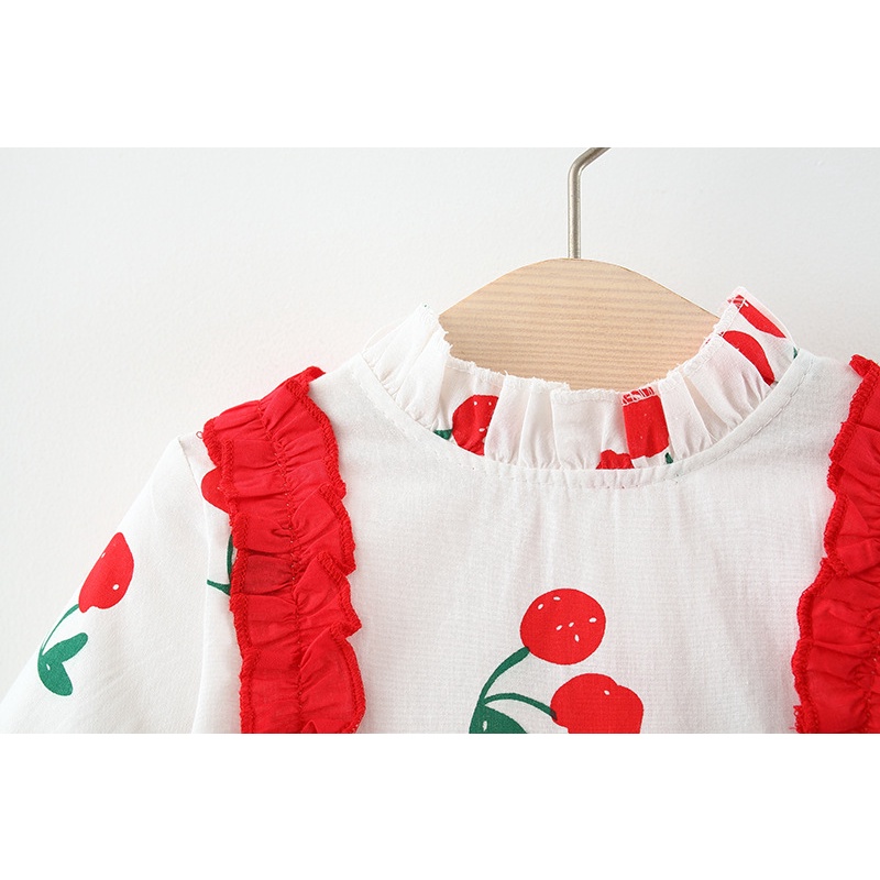 Đầm Hoa Bé Gái Dài Tay, Họa Tiết Qủa Chery, Phom Xòe, Chất Cotton Thô