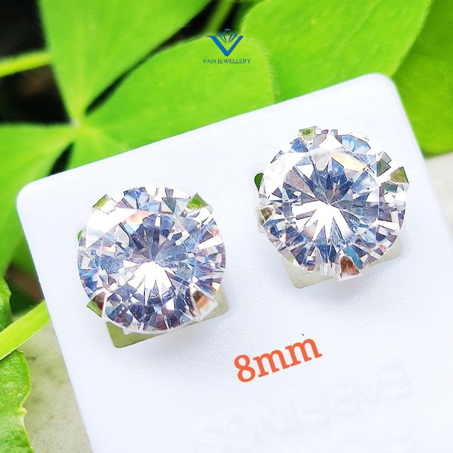 Bông tai bạc bông nụ đính đá tròn lấp lánh size 8li Van jewelry V10642