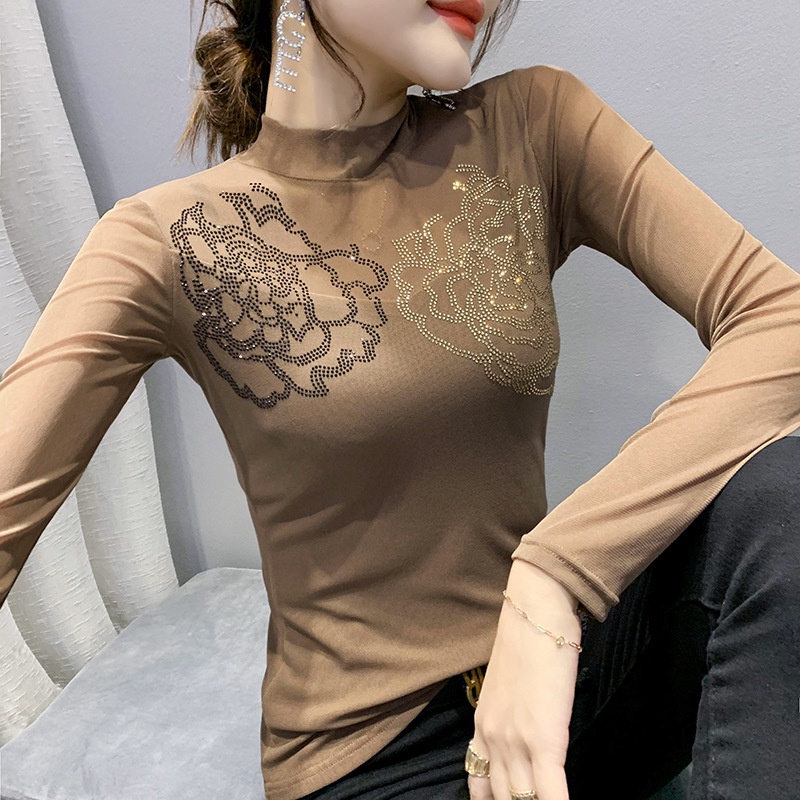 Áo lưới dài tay Áo thun dài tay nữ phối thời trang mùa thu cho