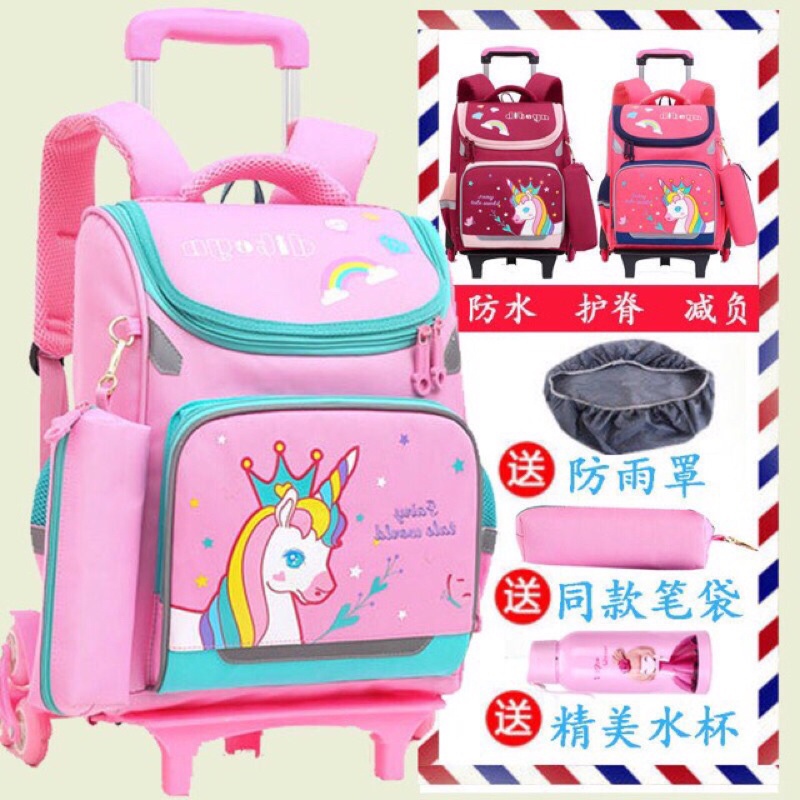 Balo chống gù có bánh xe kéo cho bé gái
