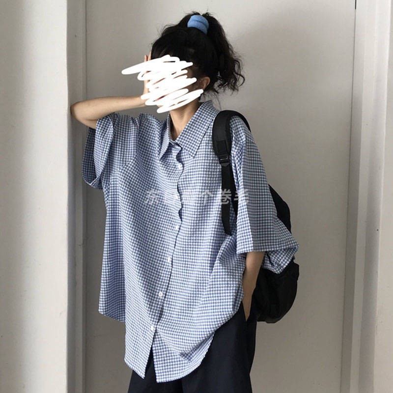 Áo blouse nữ ▲Áo sơ mi tay ngắn dáng rộng sọc ca rô xanh dương thời trang hè 2020 cá tính cho nữ❊