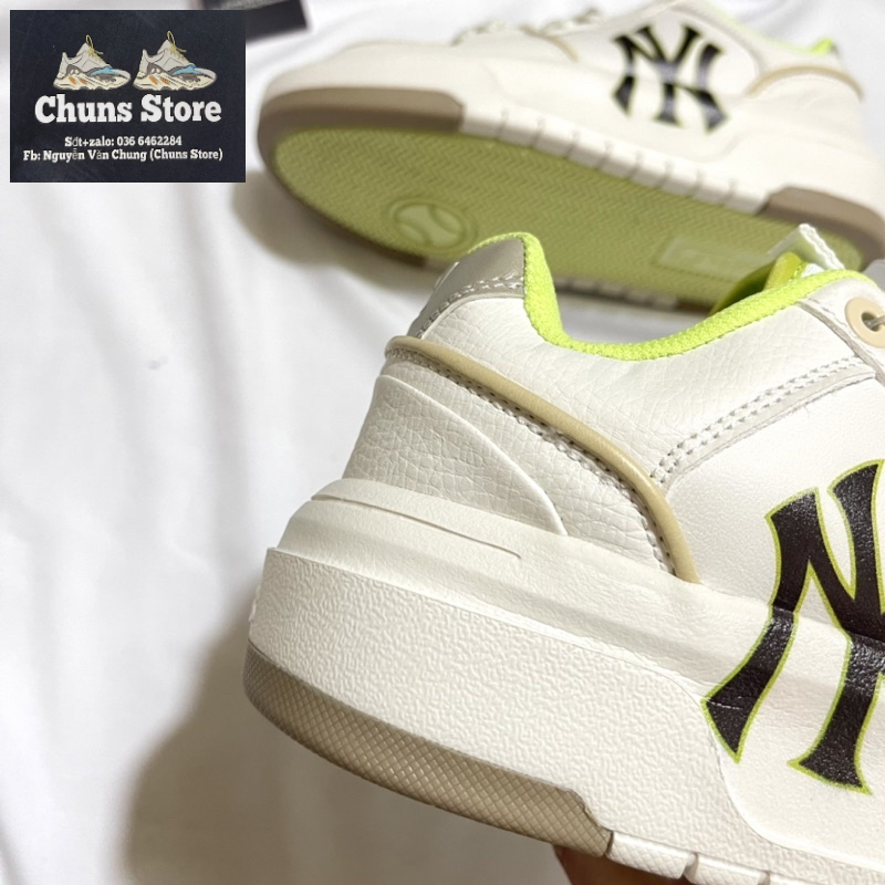 Giày MLB chunky Ofwhite x Mcqueen NY trắng kem vàng da nhăn cao cấp