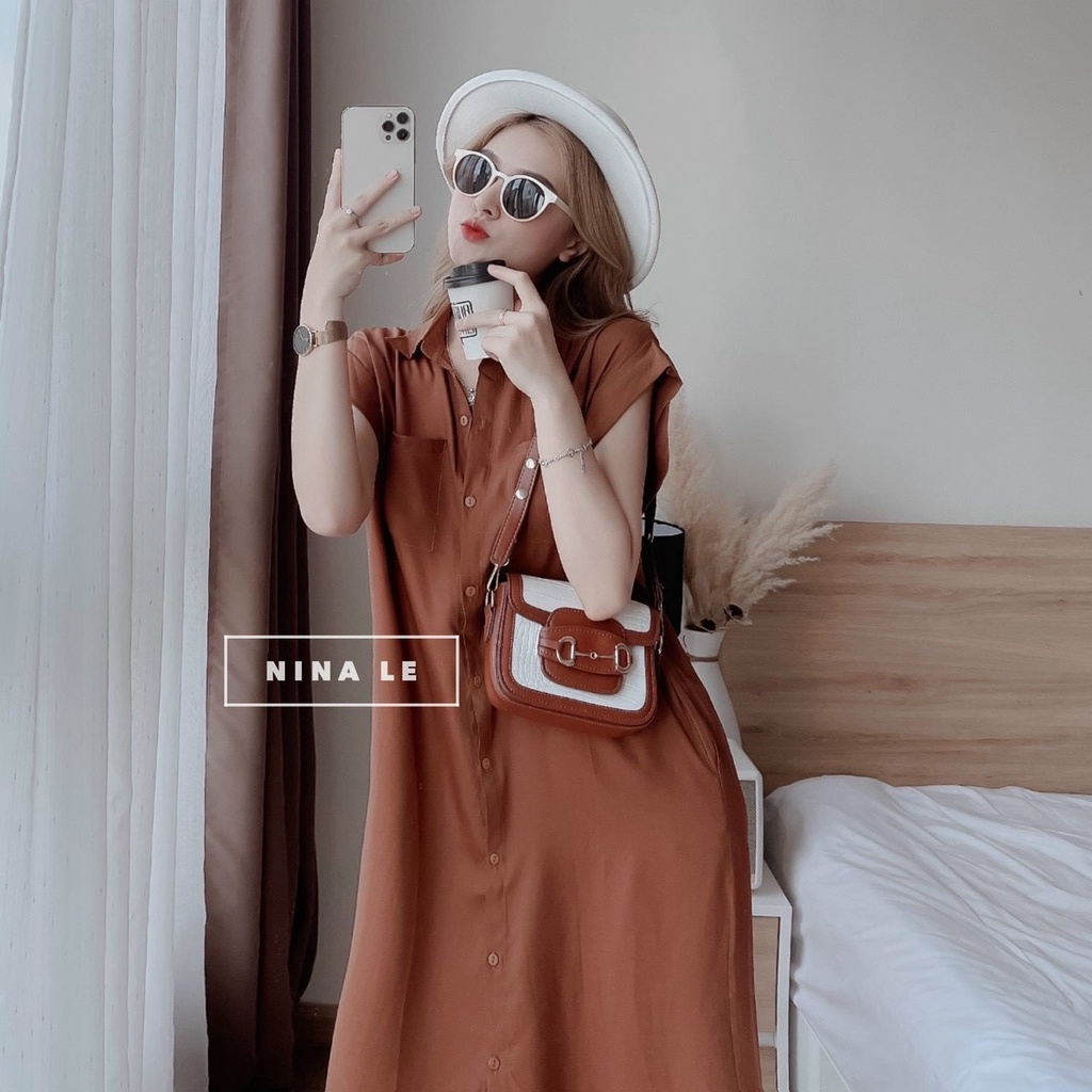 Đầm sơ mi nữ có túi dáng dài form đẹp mẫu nút thật sang chảnh vải lụa nhung